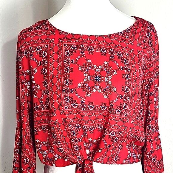 Altar'd State Red Printed Crop-top with Wide Layered Bell Sleeves, Size Medium - Picture 4 of 9